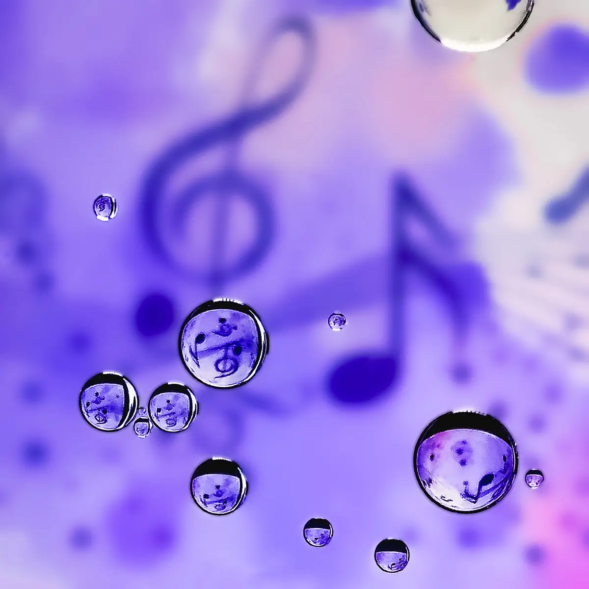 Immiscible: abstract of oil and water with a colorful background.  Music notes