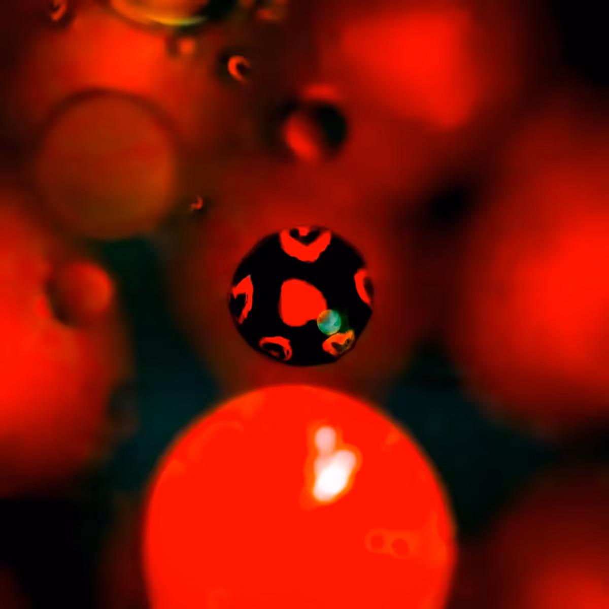 Immiscible: abstract of oil and water with a colorful background.  Black and red