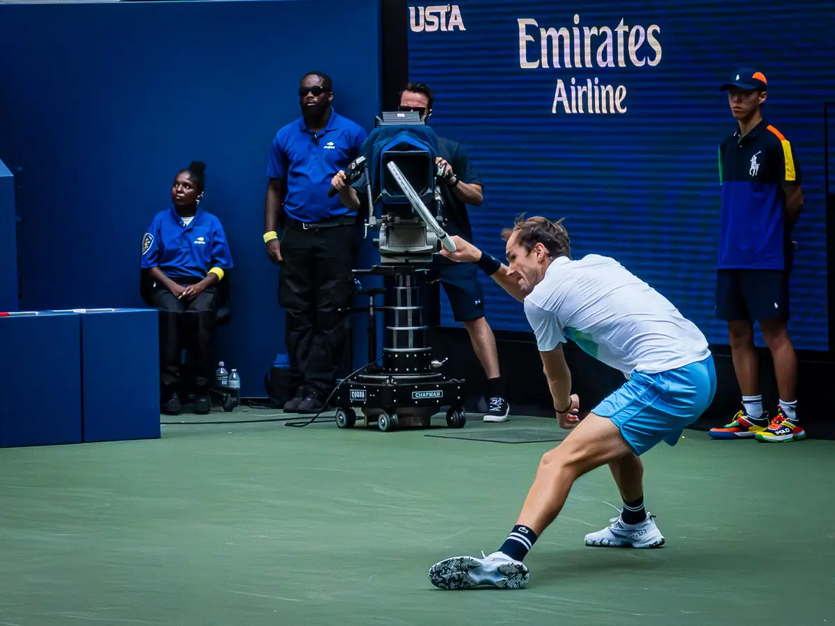 US Open tennis, Flushing NY: Medvedev leg stretched