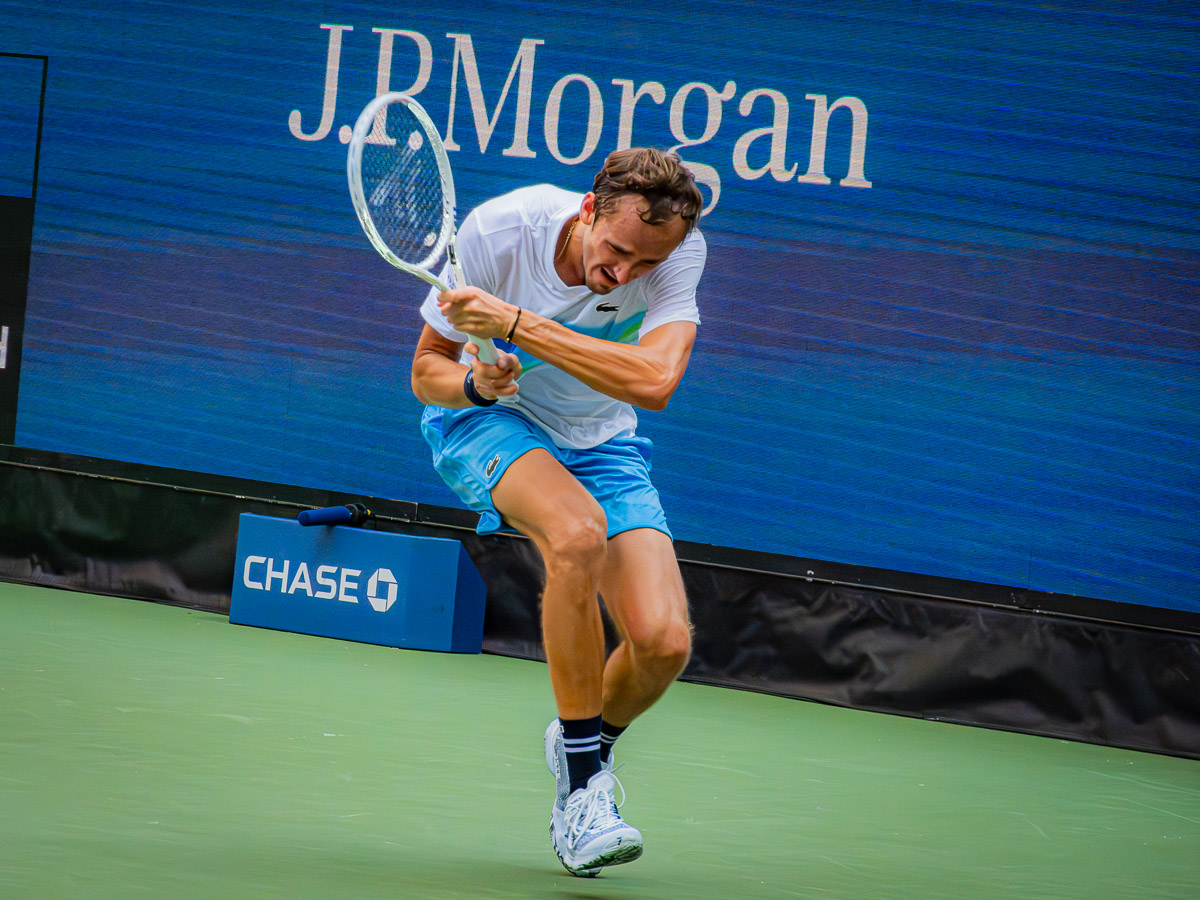 US Open tennis, Flushing NY: Medvedev crouched and follow through