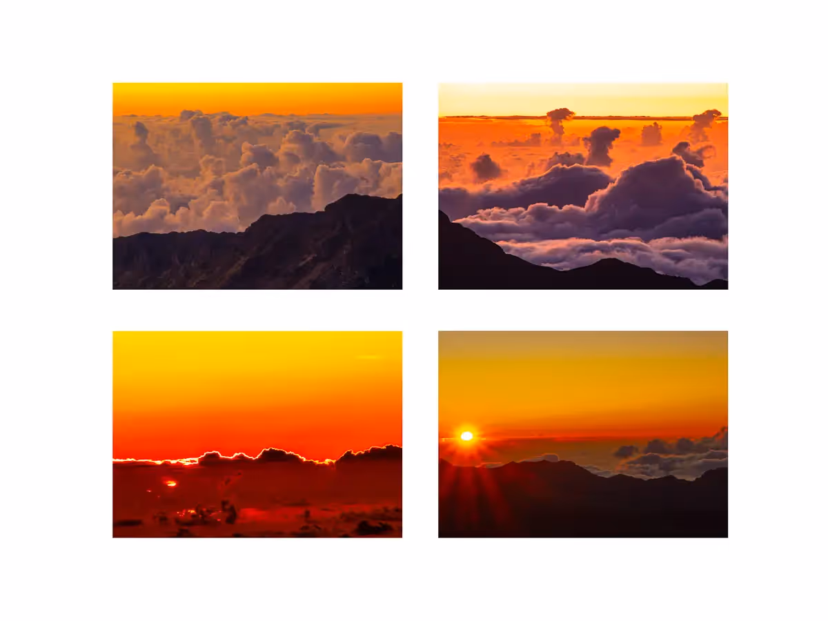4 photos together taken above the clouds during sunrise on the top of Haleakala volcano in Hawaii