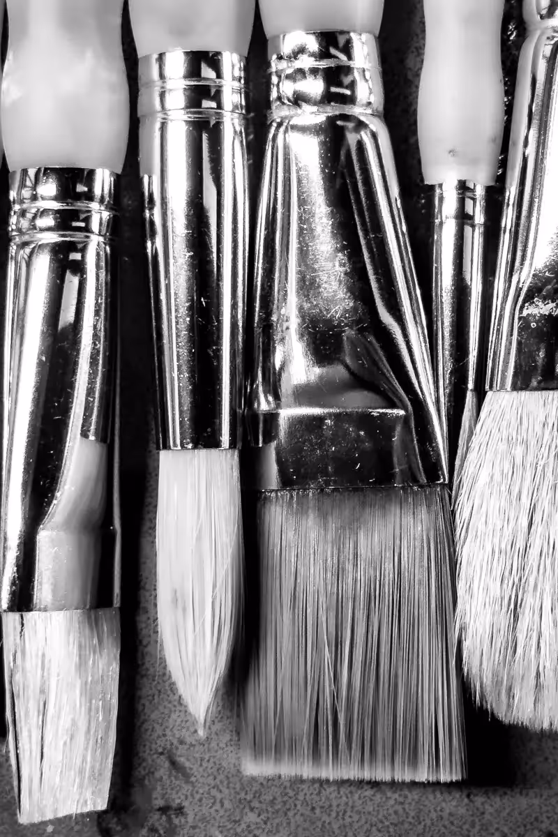 Close up of multiple shape and sized paint brushes