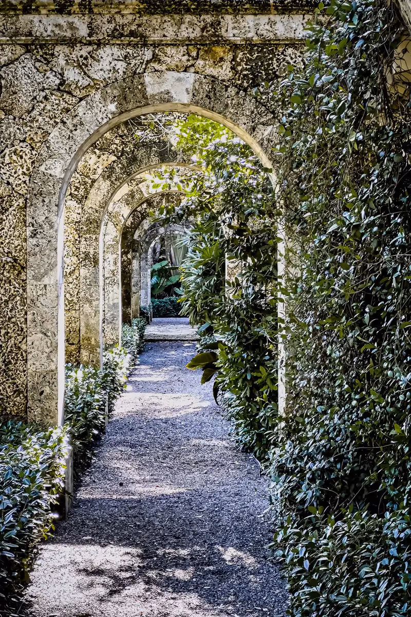 Pathway of multiple stone archways covered  in plants on one side