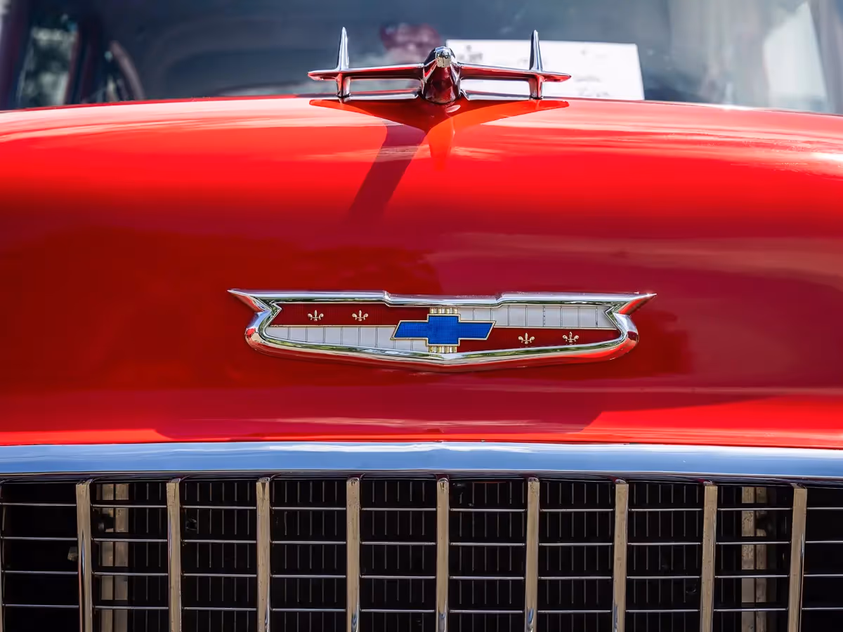 Norwalk, CT car show: close up of the front of a bright red Chevrolet