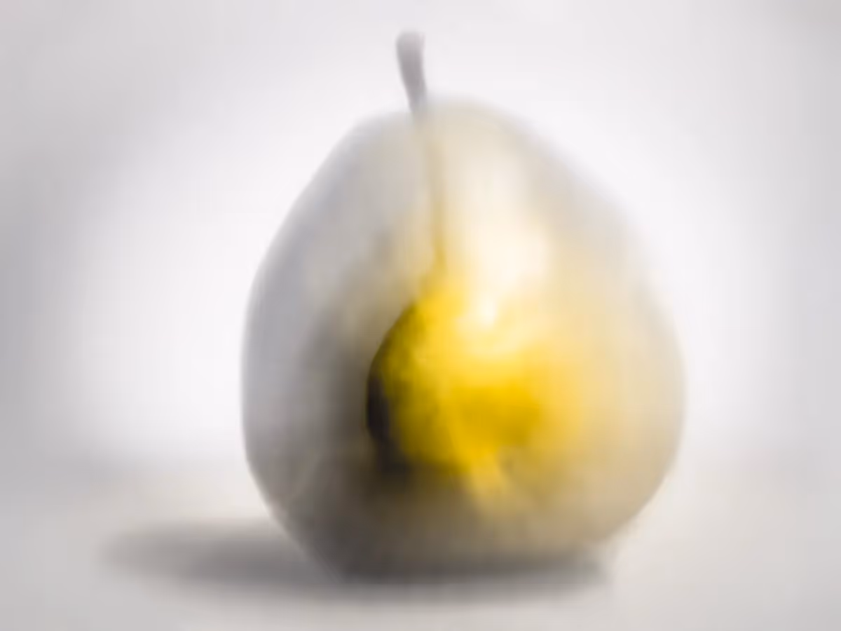 using intentional camera movement and zoom to give the illusion of a translucent casing around a single pear