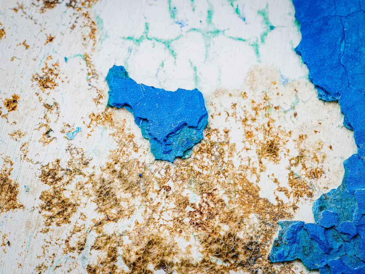 Patterns of rust and barnacles on the hull of a boat out of water.