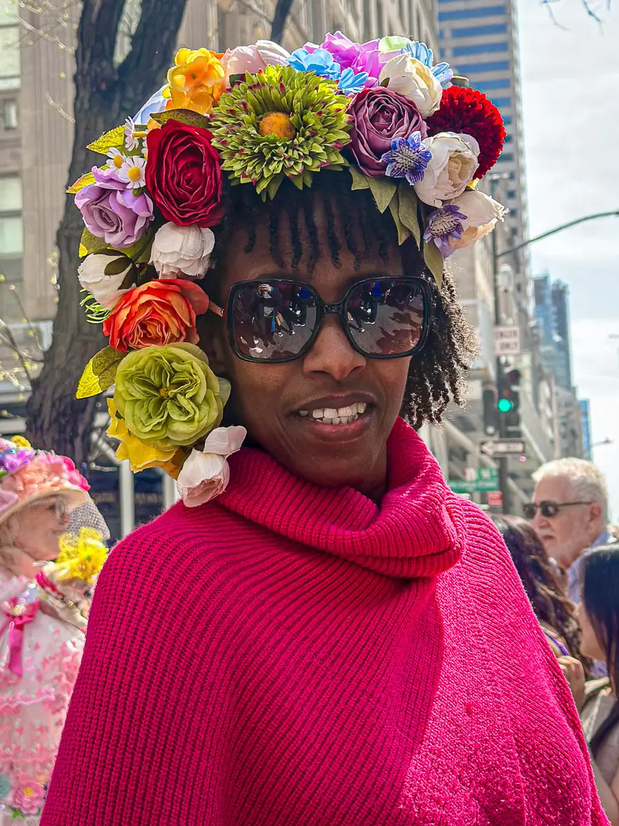 NYC Easter Bonnet Parade: woman with flowered hat