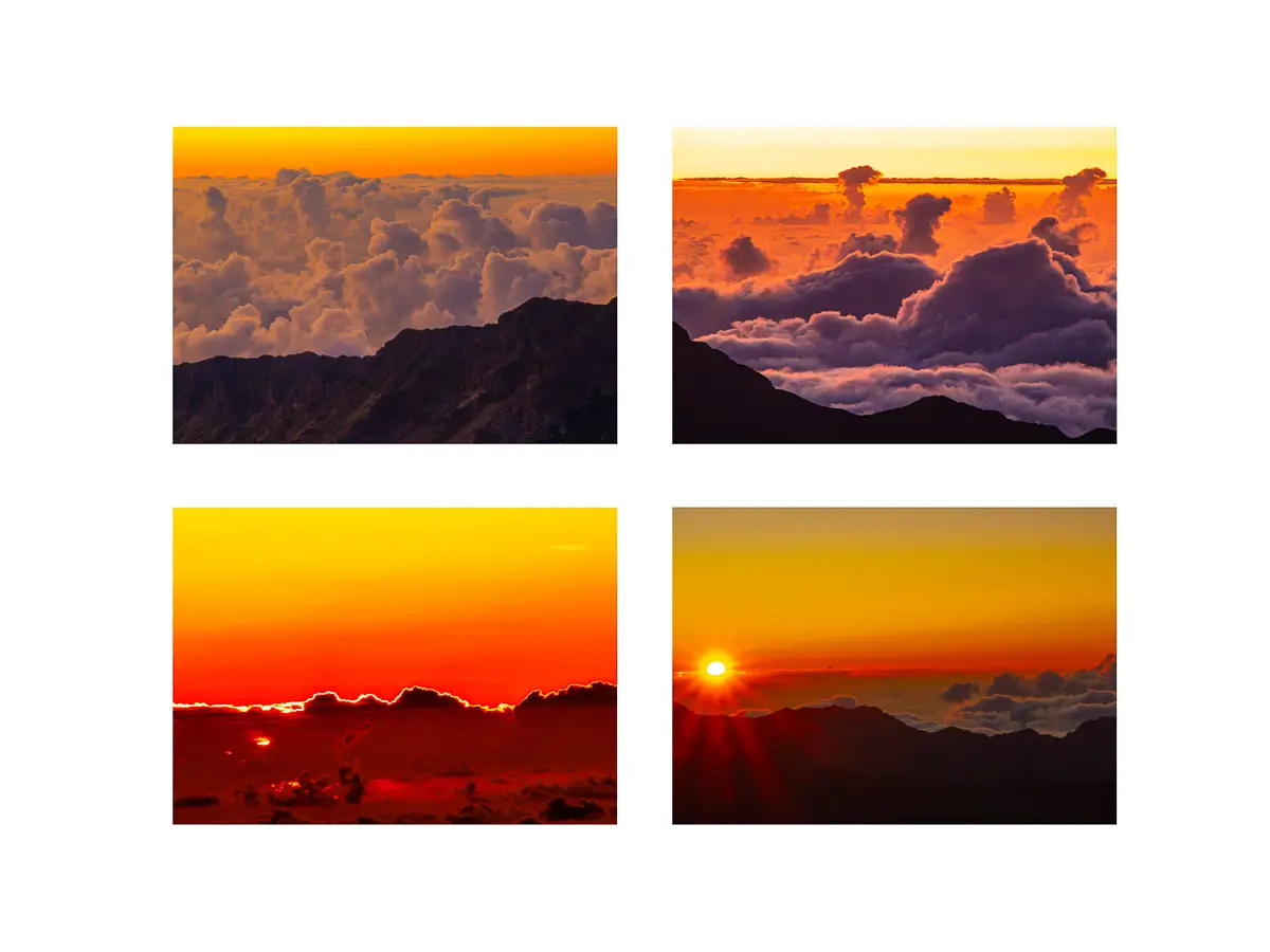 4 photos together taken above the clouds during sunrise on the top of Haleakala volcano in Hawaii