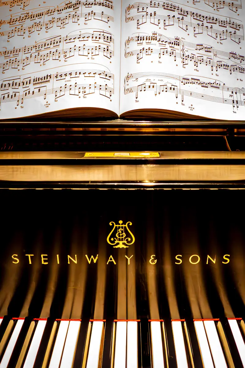 Close up of piano keys and music