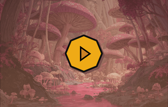 Afbeelding plaatje waarin je een ondergronds paddenstoelen bos ziet met een roze rivier.