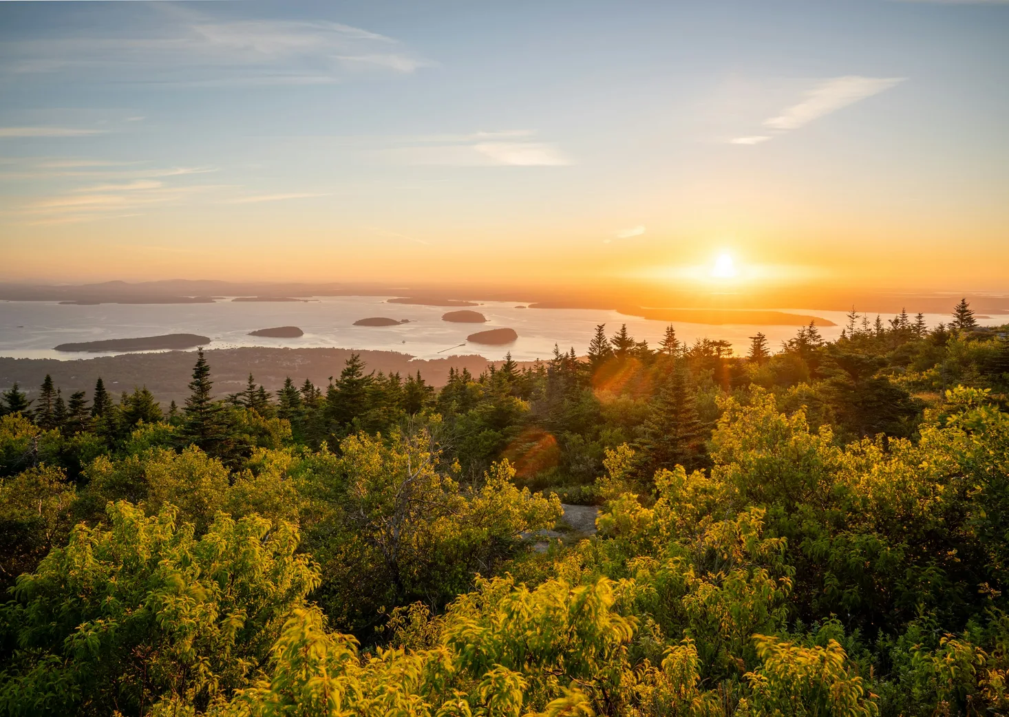 Sunrise over a forested coastline with islands