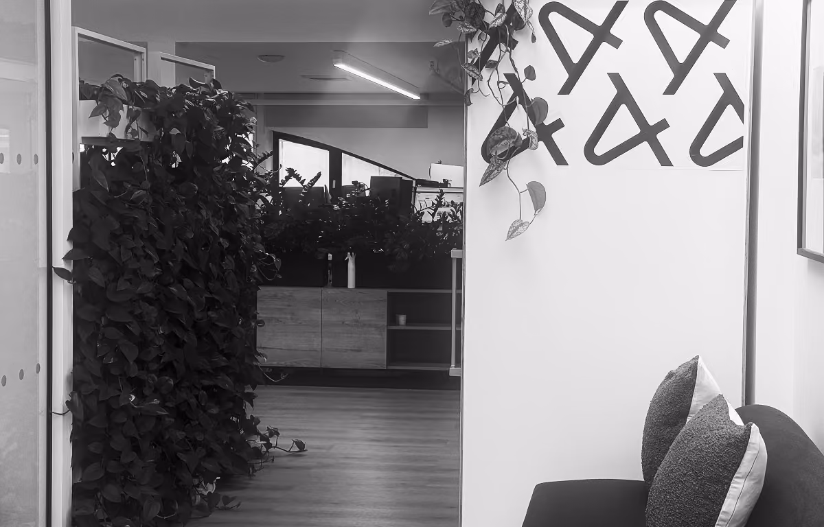 Black and white photo of the Aker office
