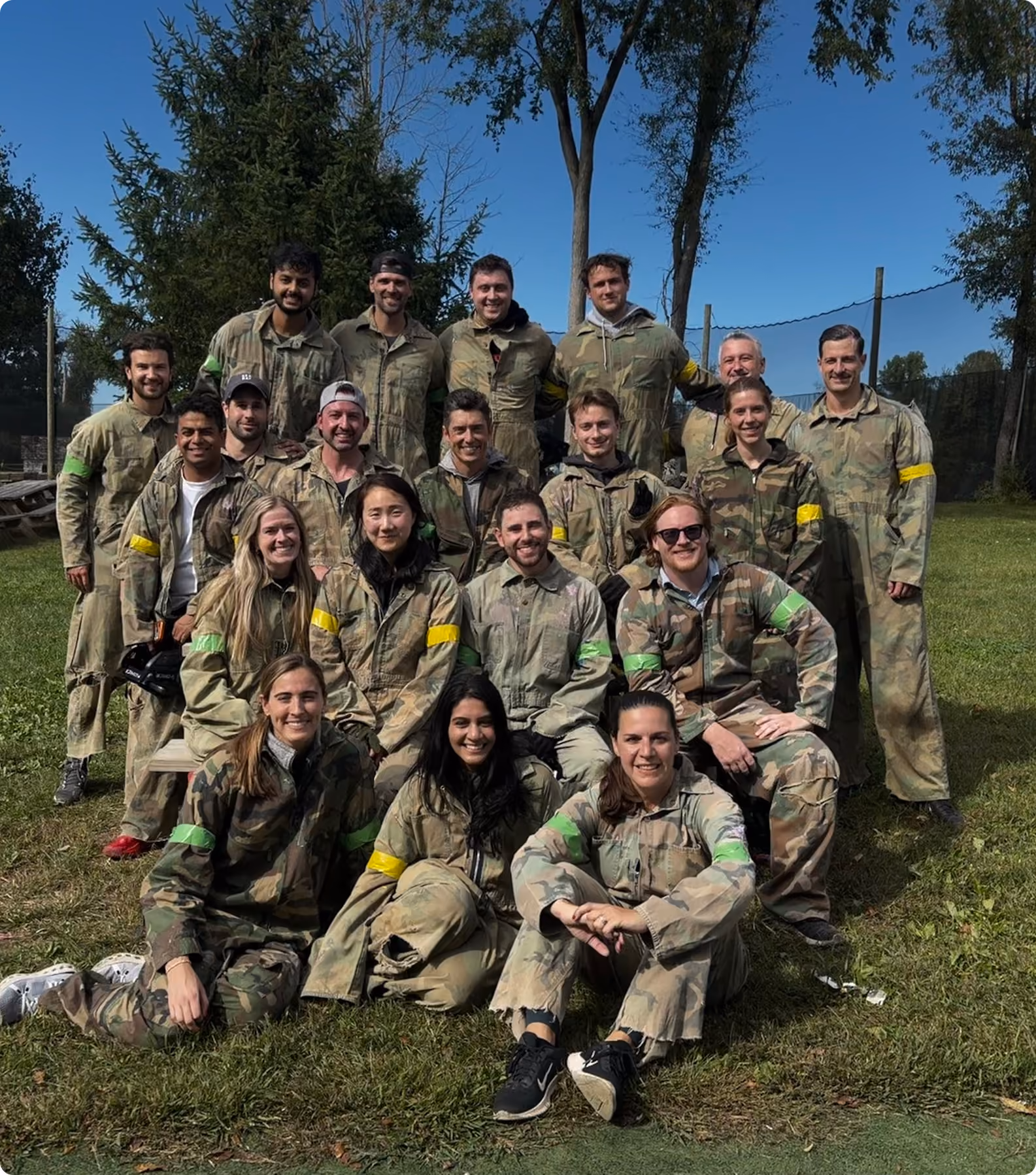 The Aker team in paintball overalls after a team outing