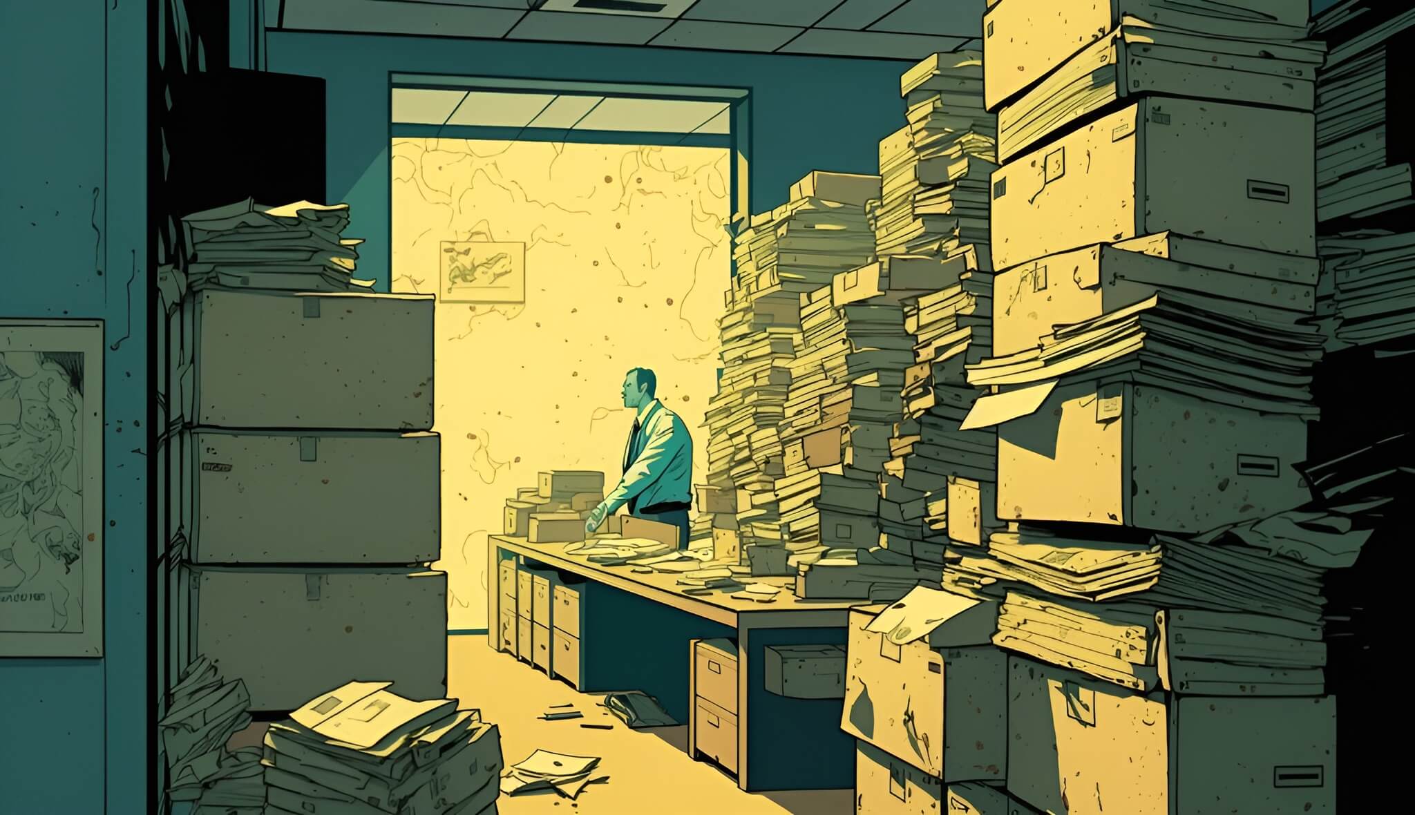 illustration of man in room with lots of boxes of files