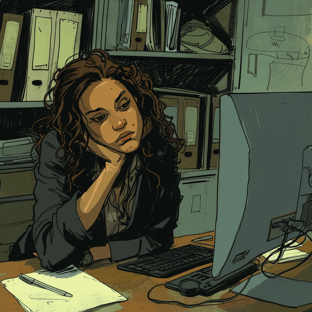 stylized image of exhausted woman at computer