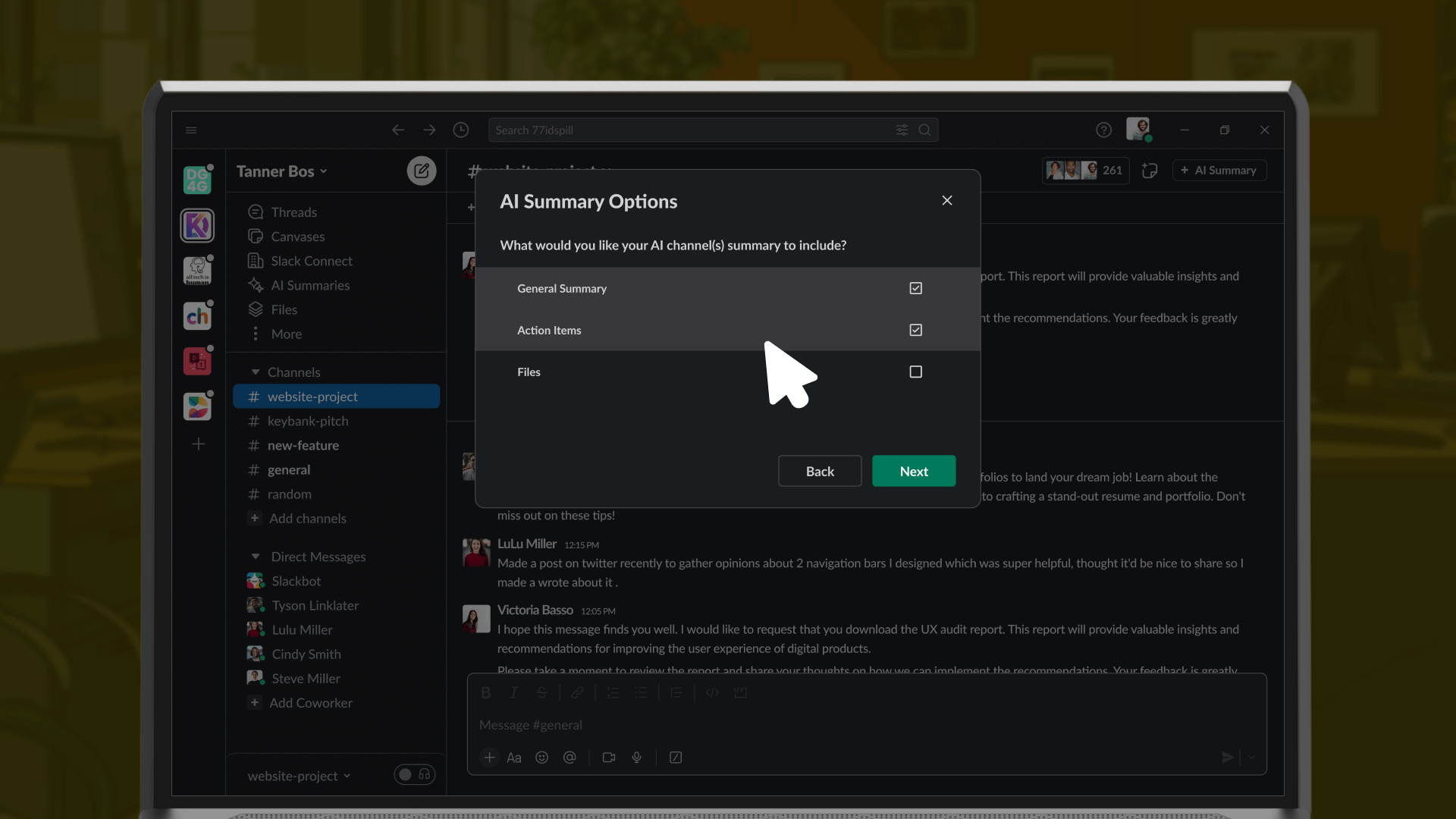 Slack AI channel summary choose general summary, action items or files