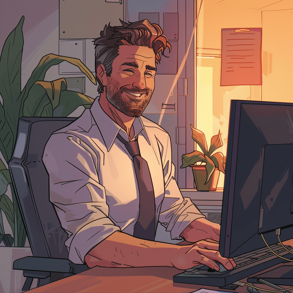 stylized image of confident looking man at his computer