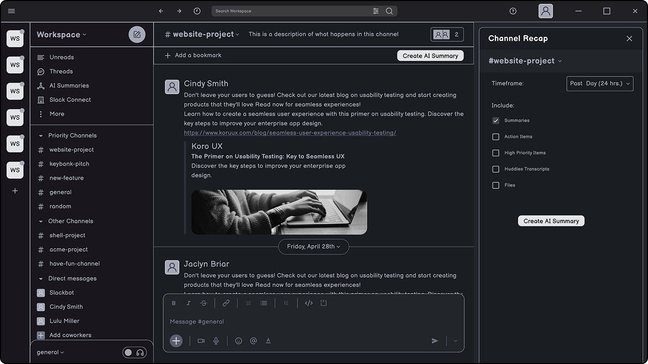 Early wireframe of AI channel summary 