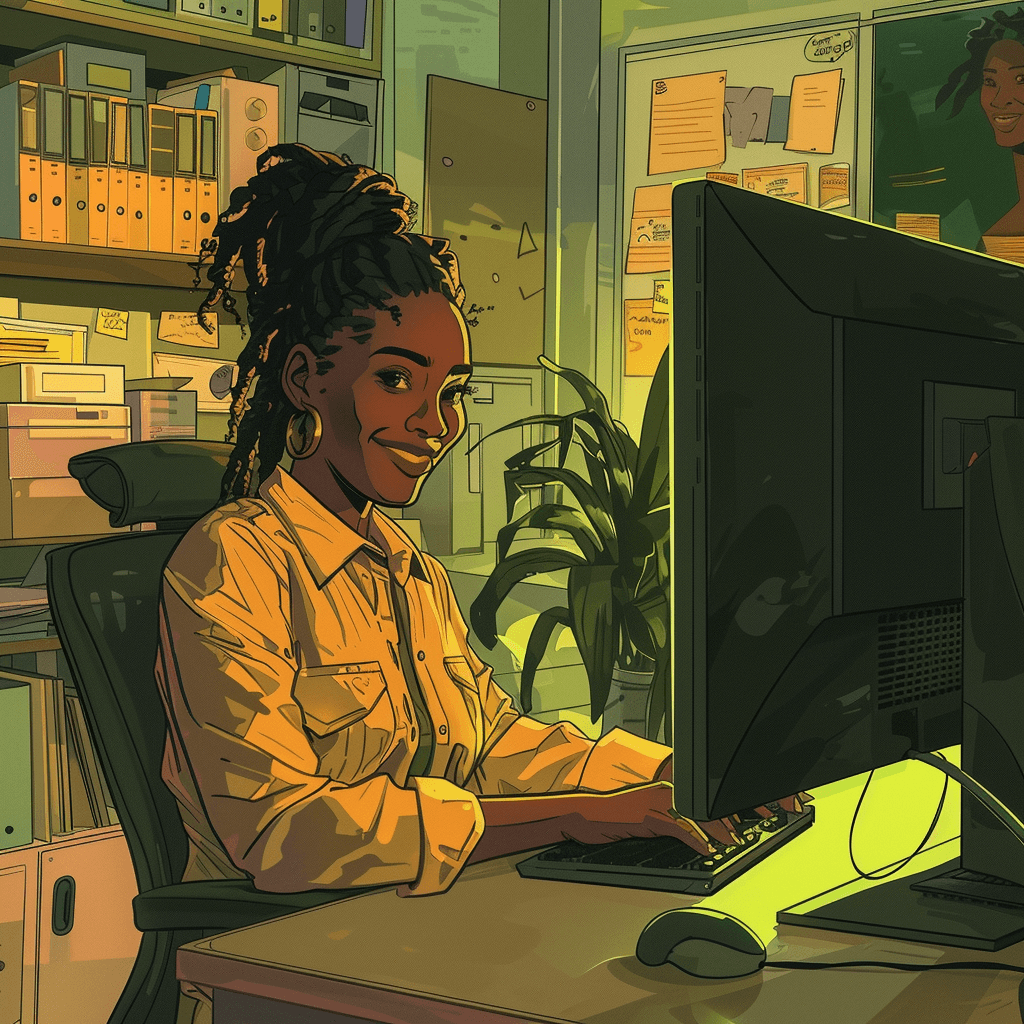 stylized image of young African American business woman at computer