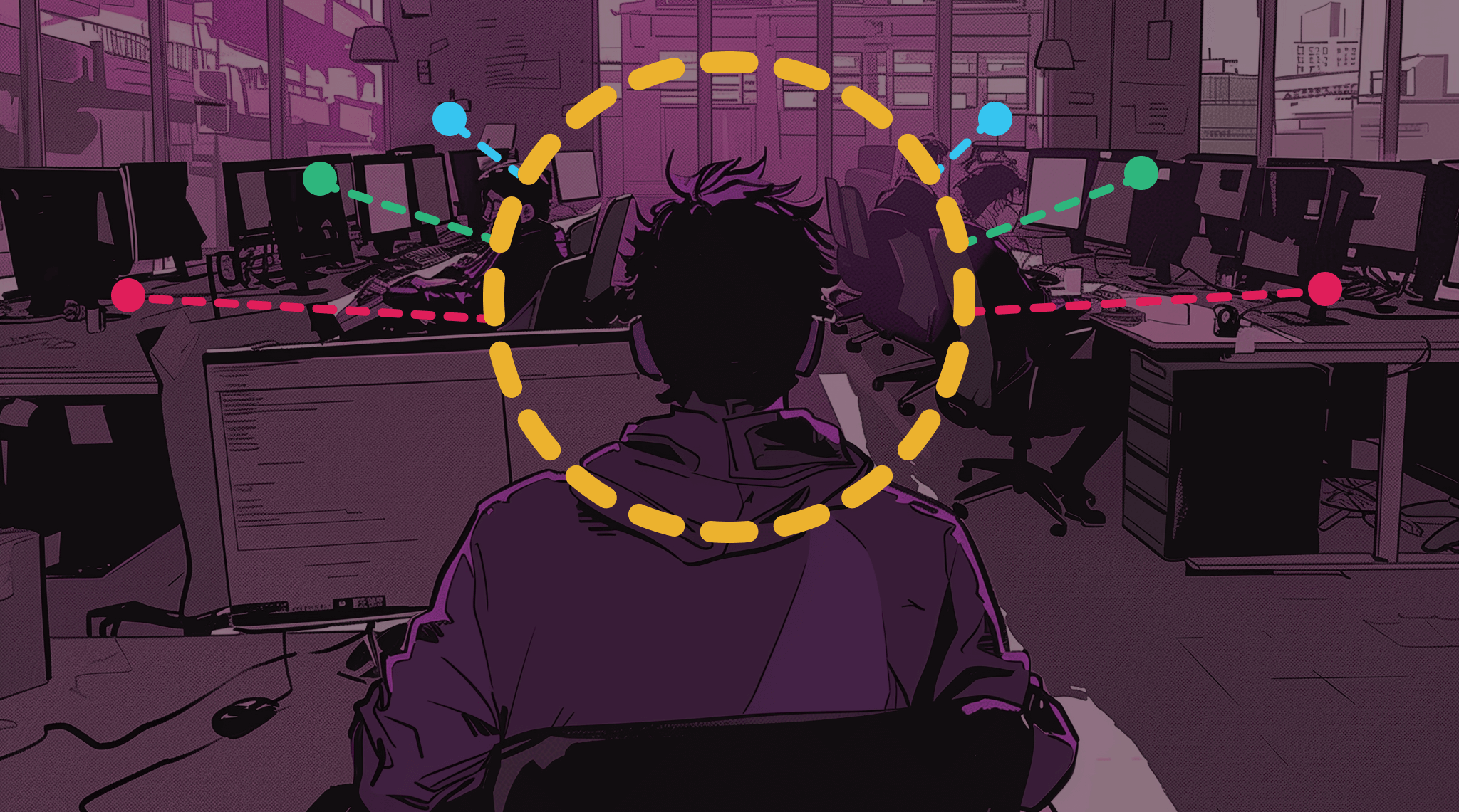 stylized image of young man at computer in an office with other workers and connection lines radiate out of his head to the other computers