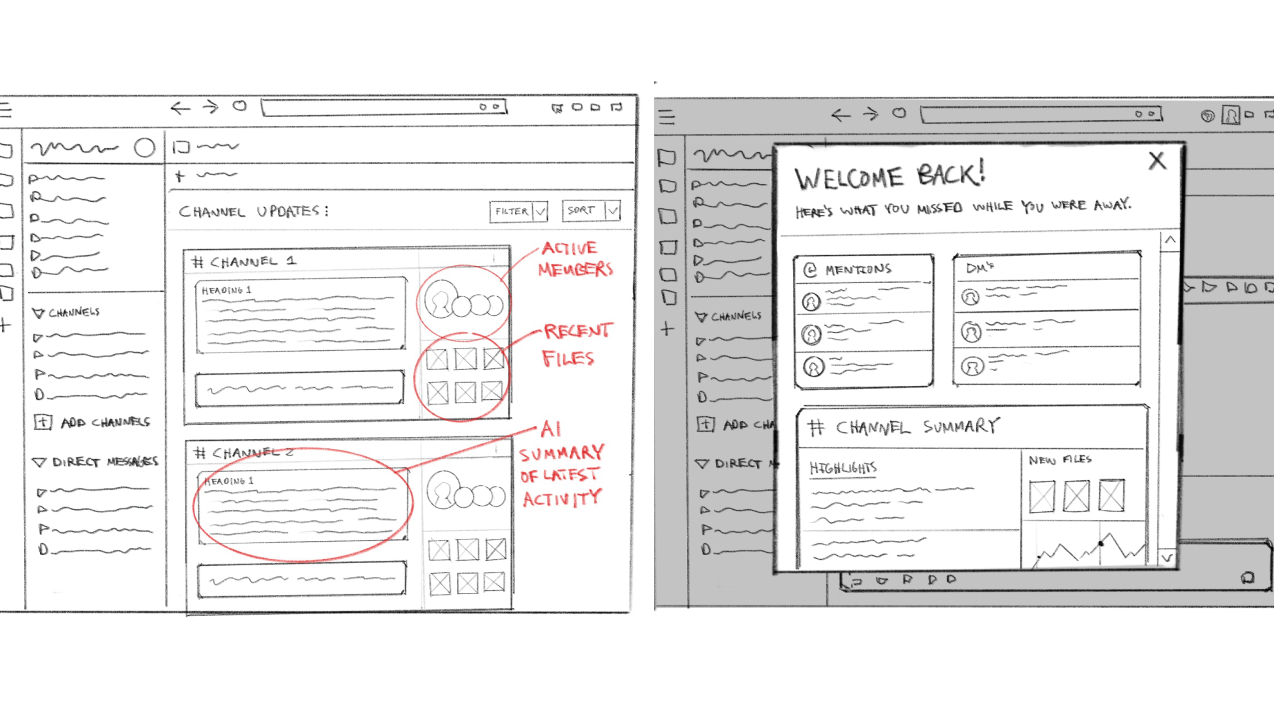Slack welcome back and AI summary inbox sketches