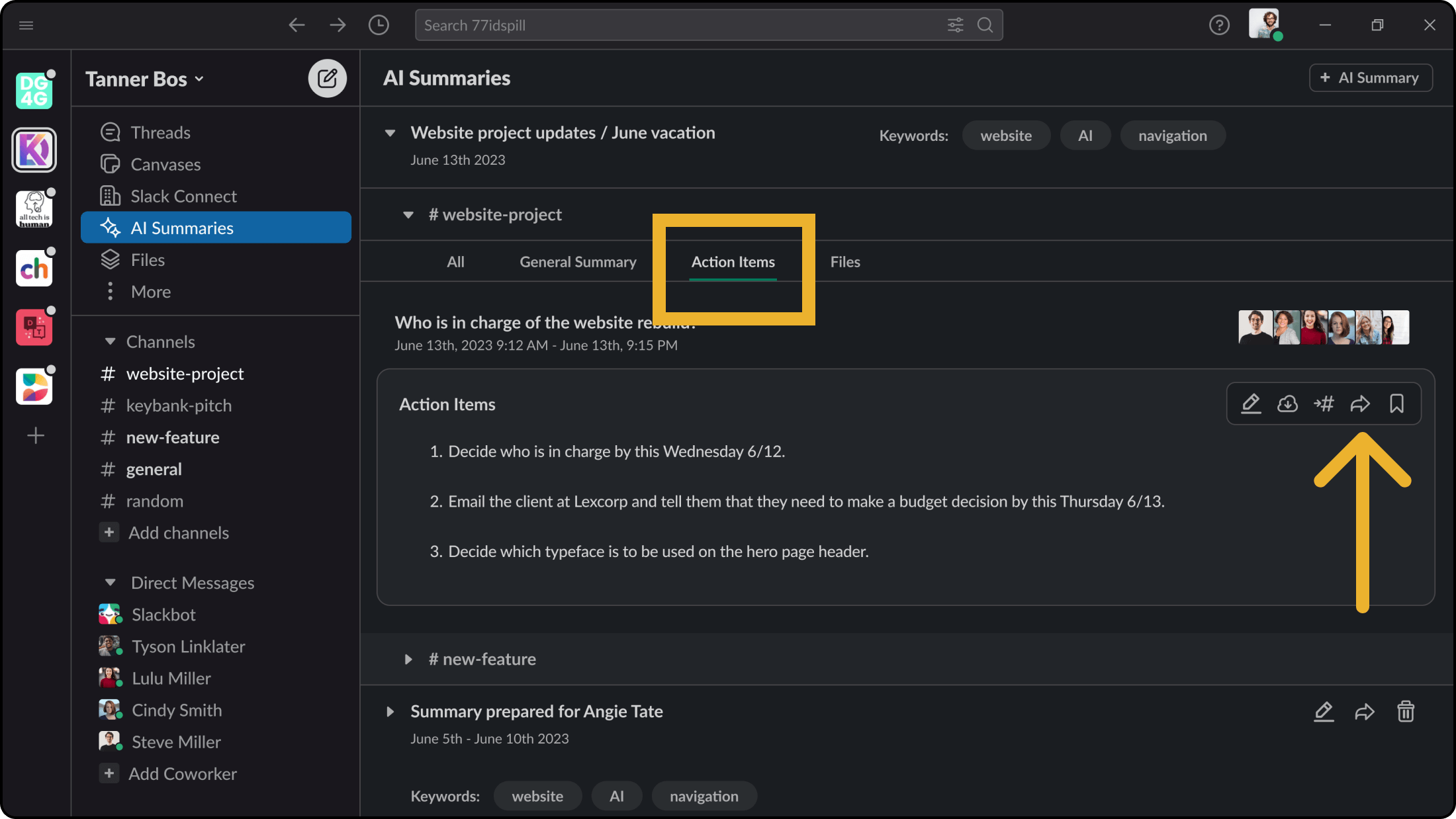 Slack AI channel summary inbox: share targeted action items example 