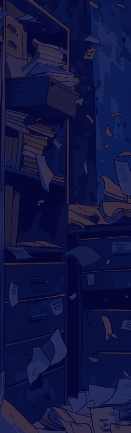Stylized image of a room full of messy files with blue overlay