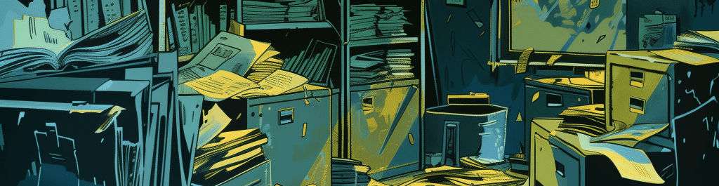 Stylized image of a room full of messy files
