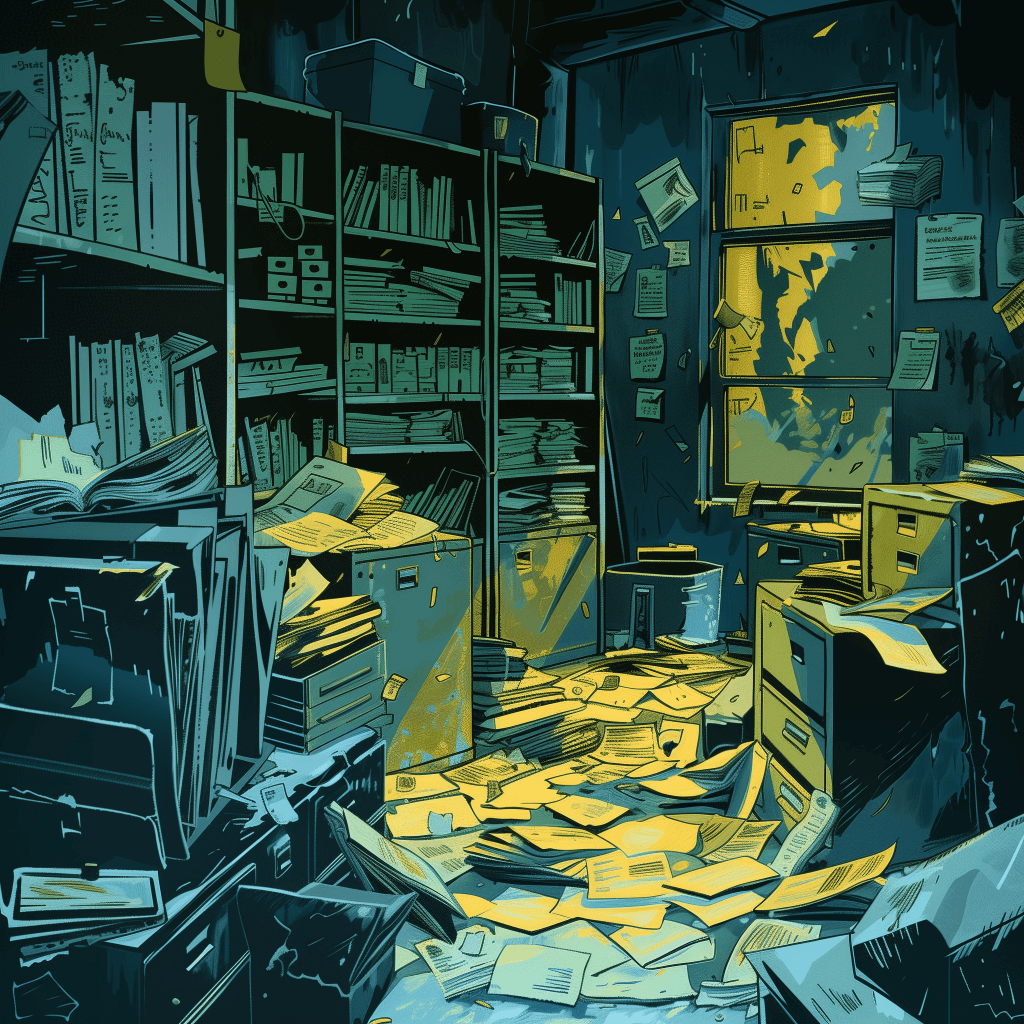 Stylized image of a room full of messy files