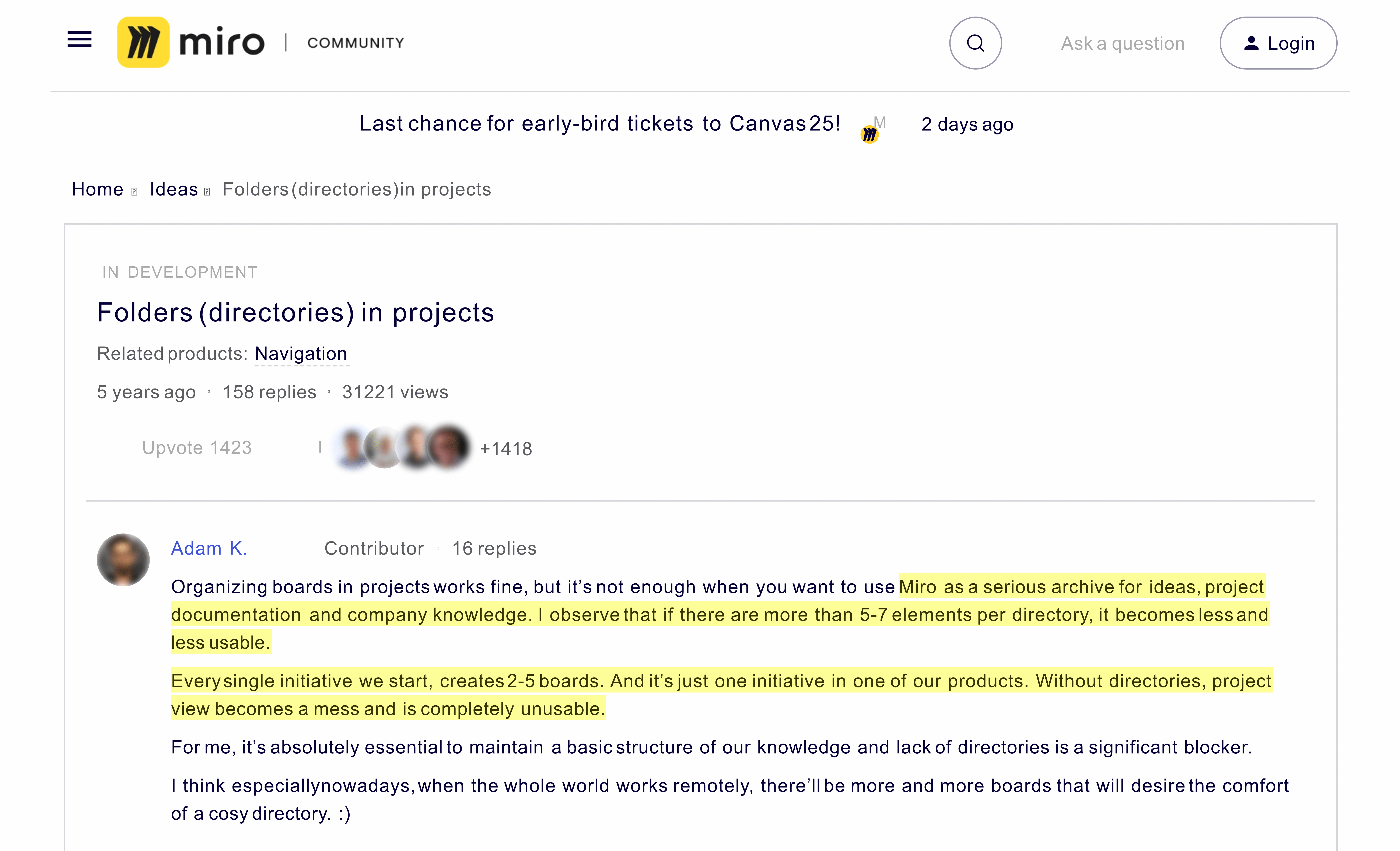 Showing a screengrab of the Miro user forum