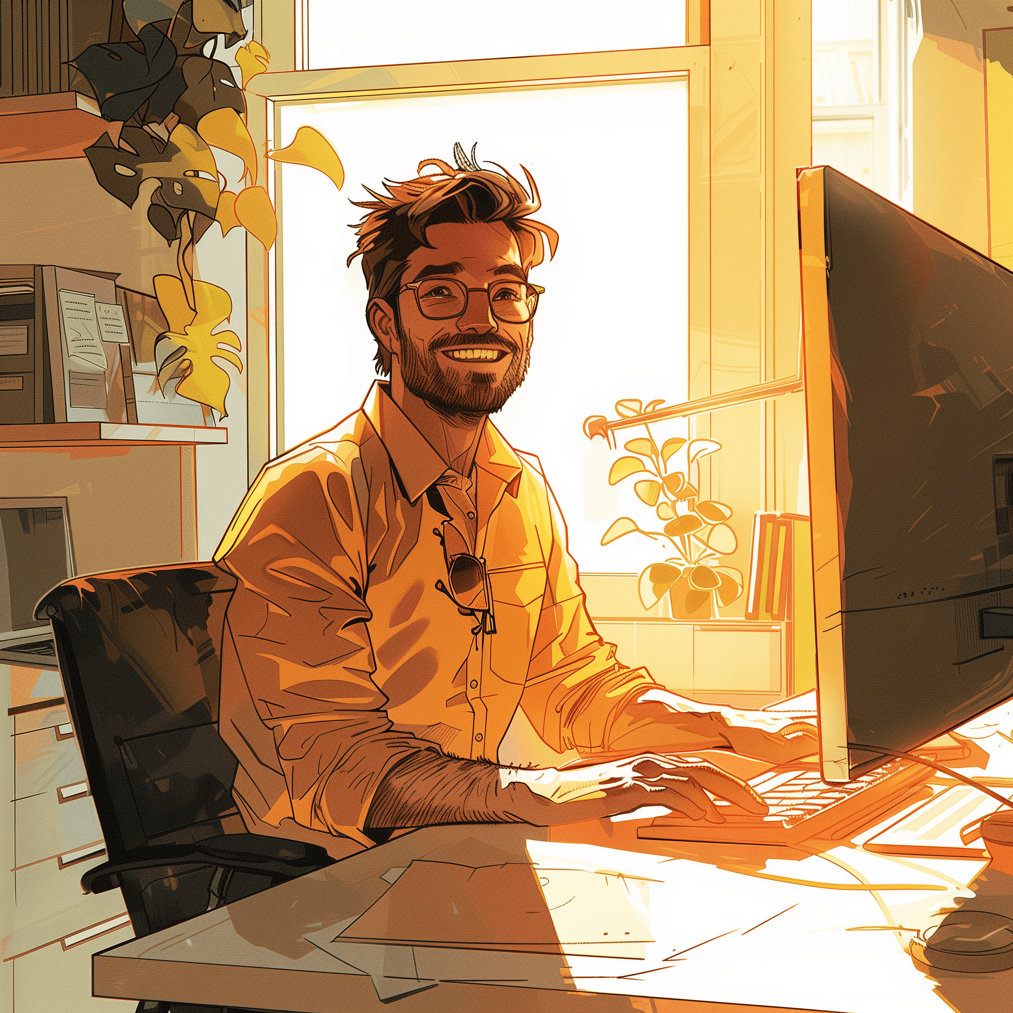 A stylized image of a young man office worker in front of a computer