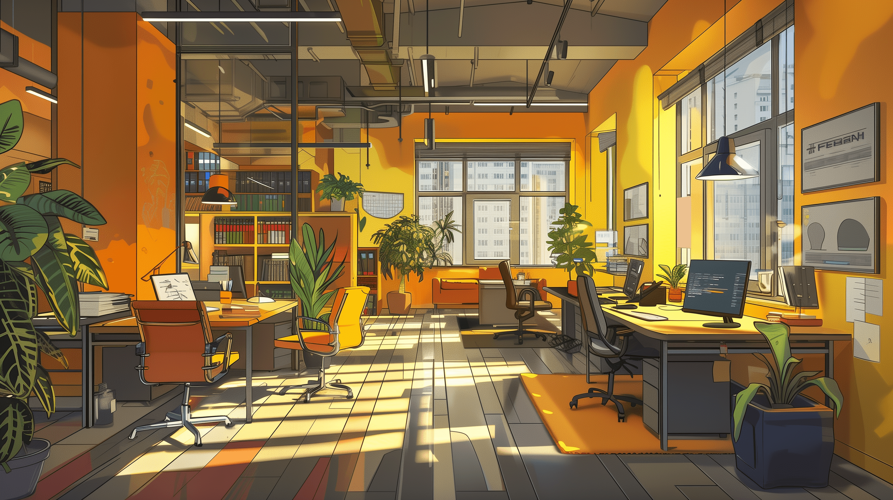 A stylized image of an office in yellow hues.