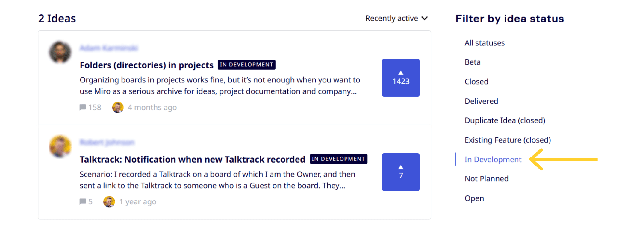 Screengrab of Miro's forum showing that a folders in directories feature is in progress