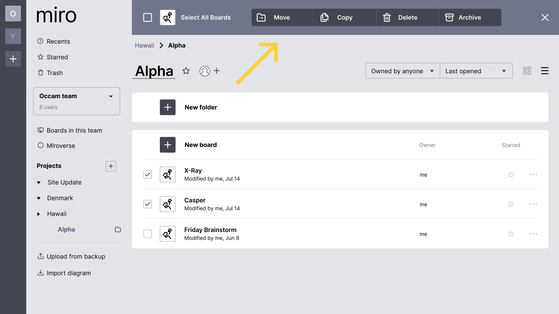 Prototype screengrab of Miro UI and multiselect toolbar