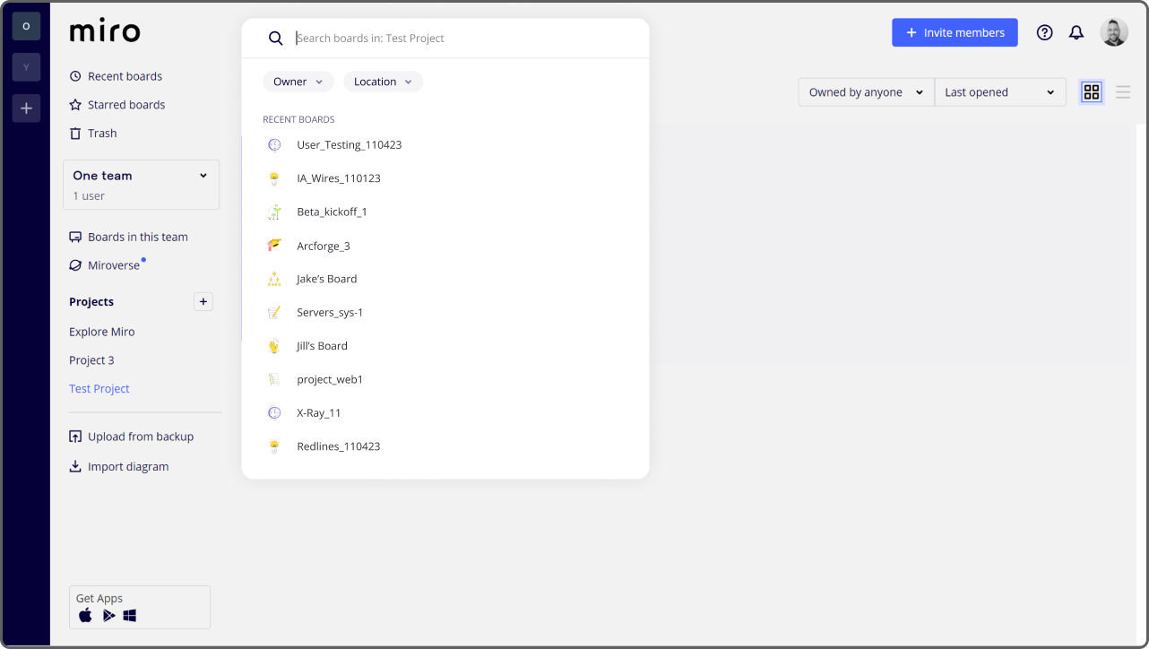 Miro screengrab before: search only scopes to projects