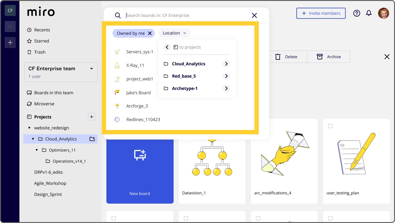 Miro screengrab after: search scopes to projects + x3 layers of folders