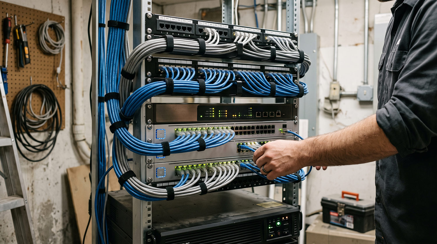 Structured cabling and network equipment in a business server rack maintained under a managed IT agreement