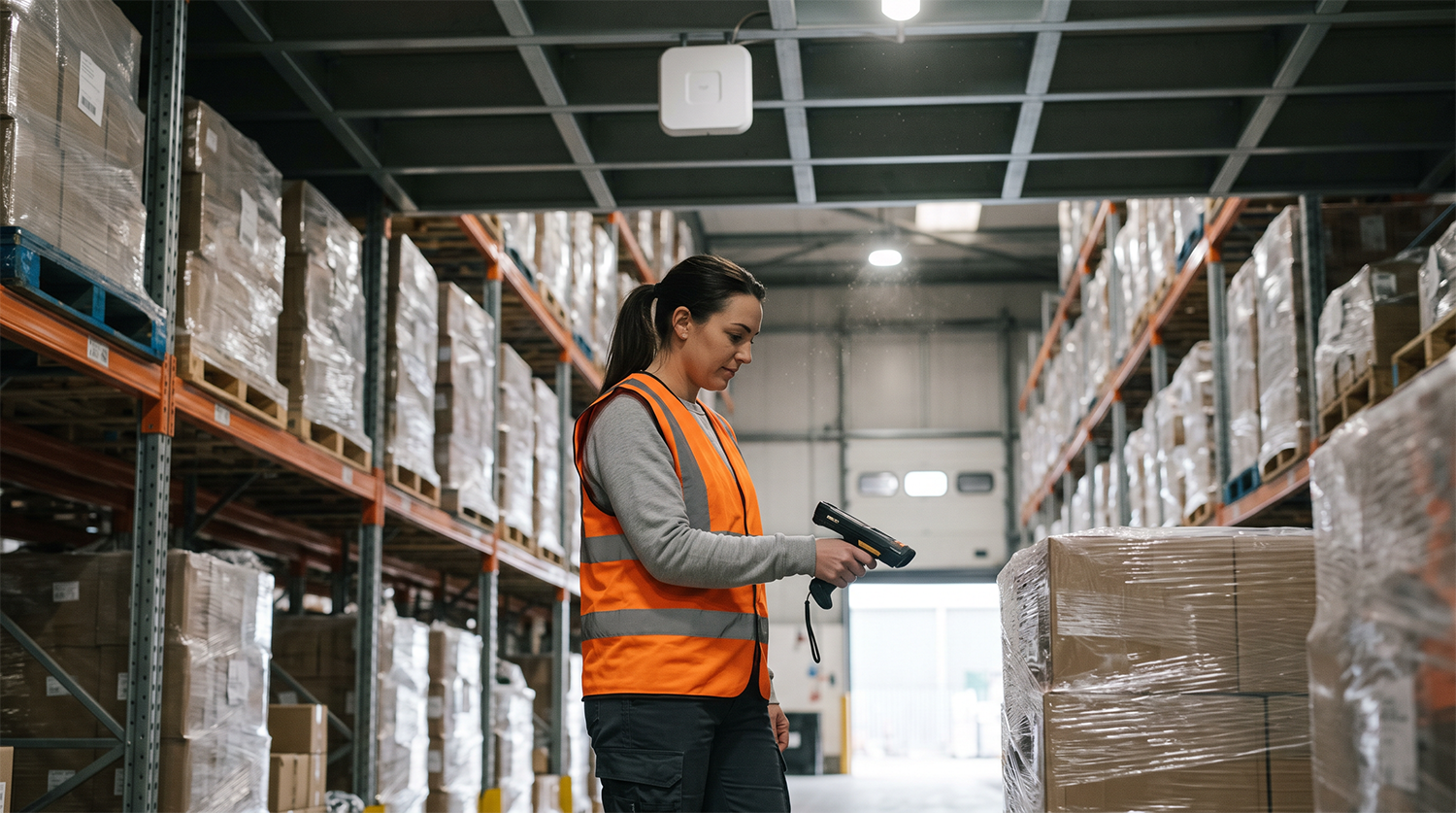 Warehouse associate using a handheld barcode scanner beneath a ceiling-mounted wireless access point