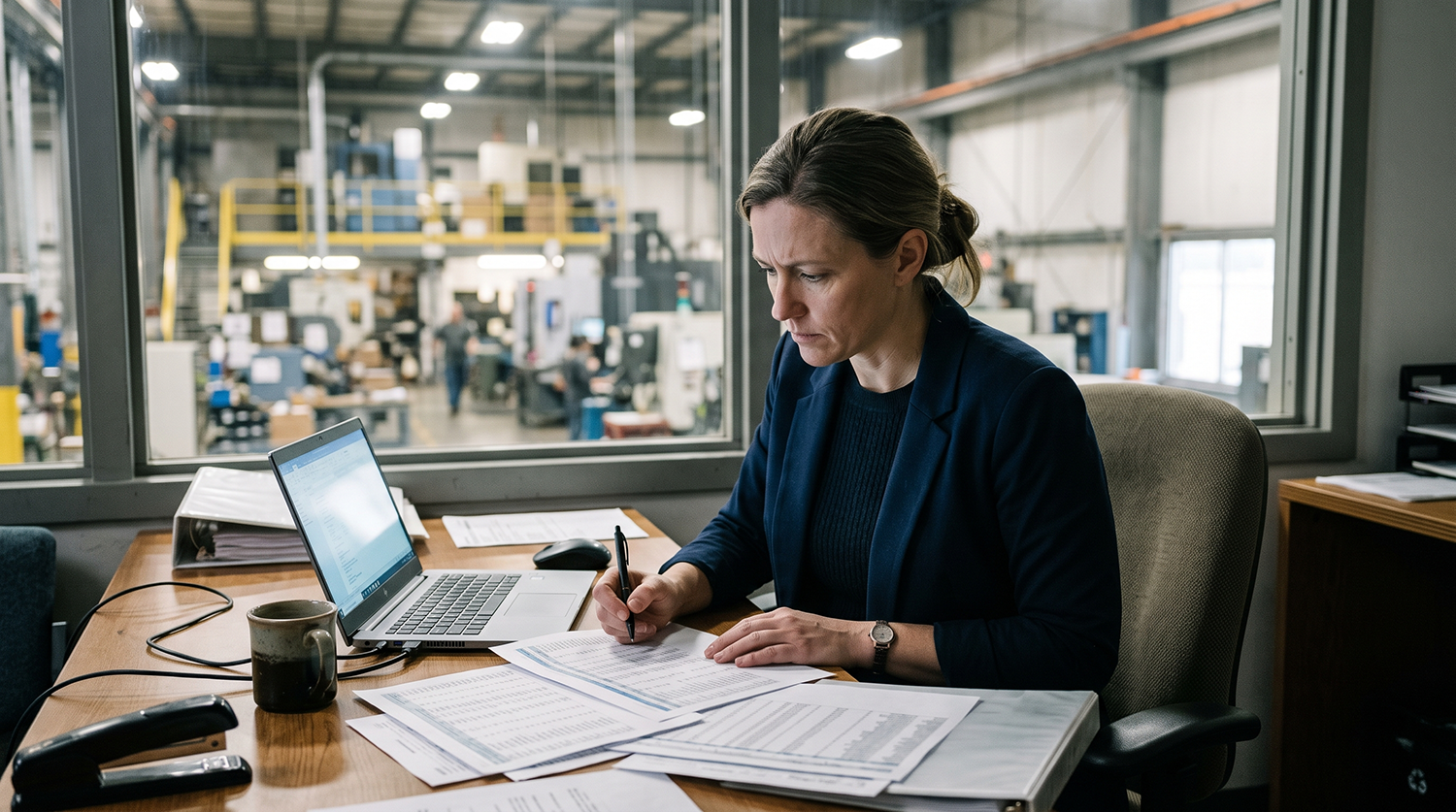 Operations manager reviewing IT budget documents in an office overlooking a manufacturing floor