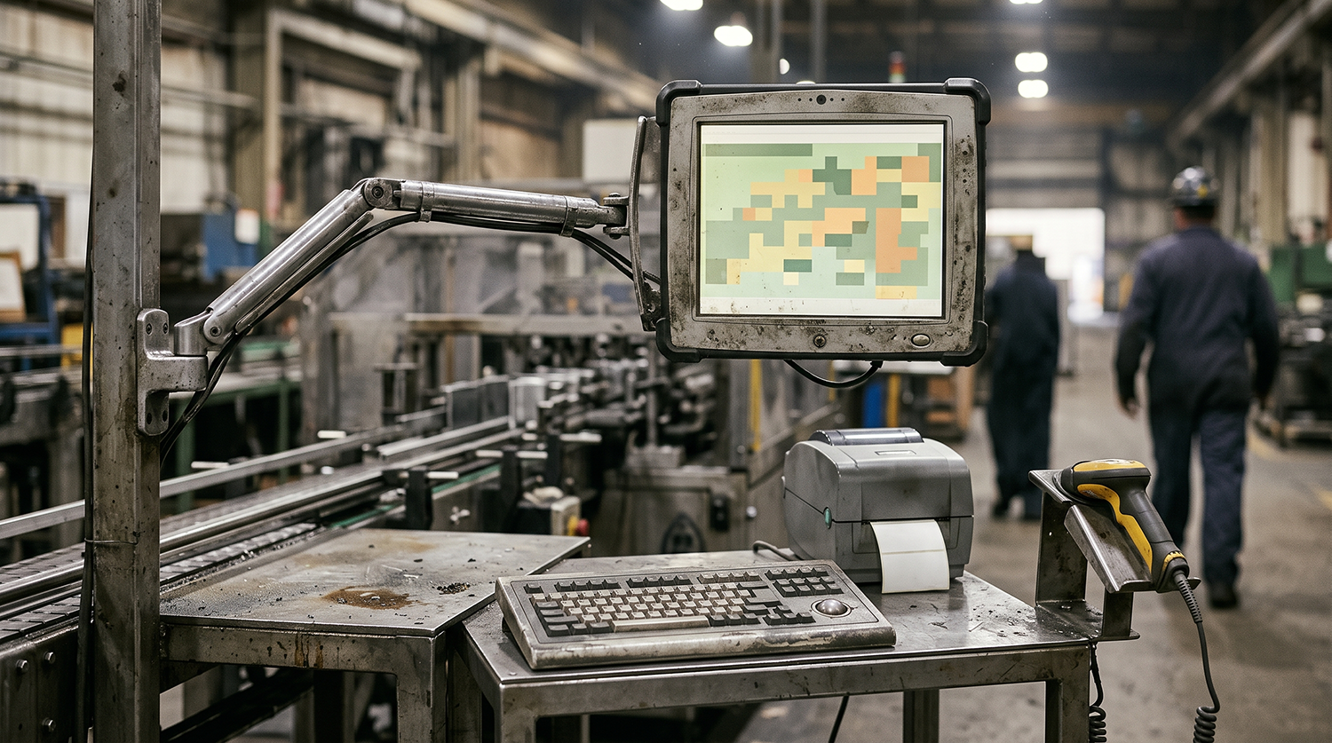Shared industrial workstation with monitor, scanner, and label printer on a production floor