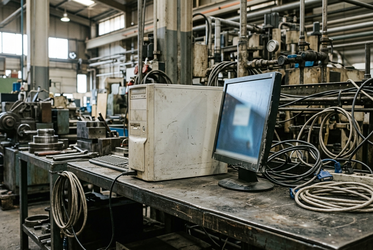 Older desktop computer and monitor on a steel workbench beside production equipment in a factory