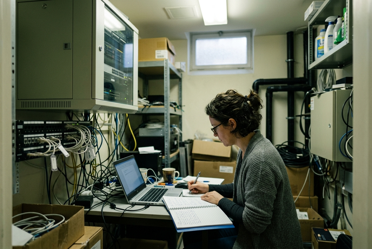 A single IT worker at a cramped desk surrounded by network equipment in a utility room