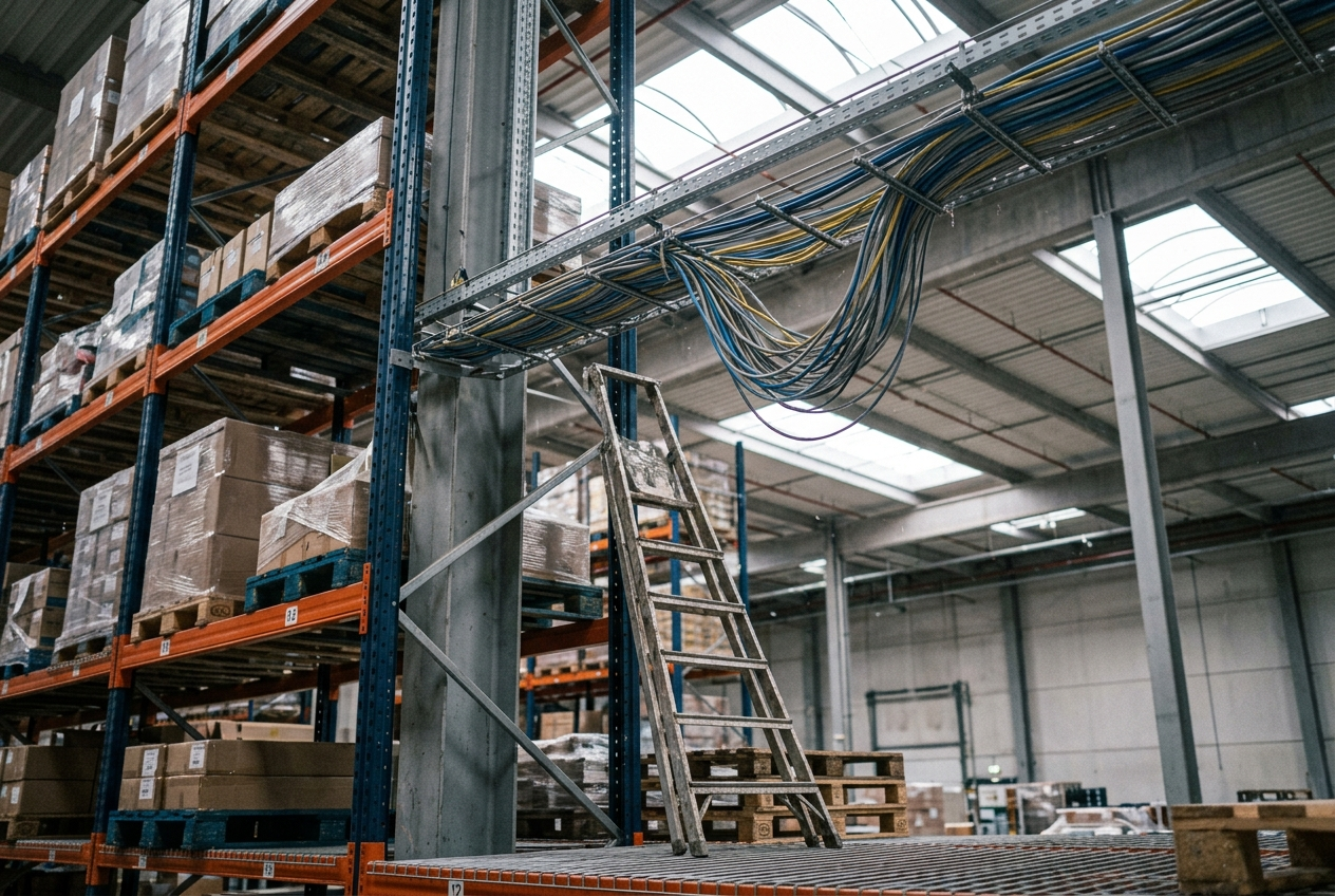 Network cabling on overhead conduit above warehouse pallet racking, one section pulled loose where it was struck