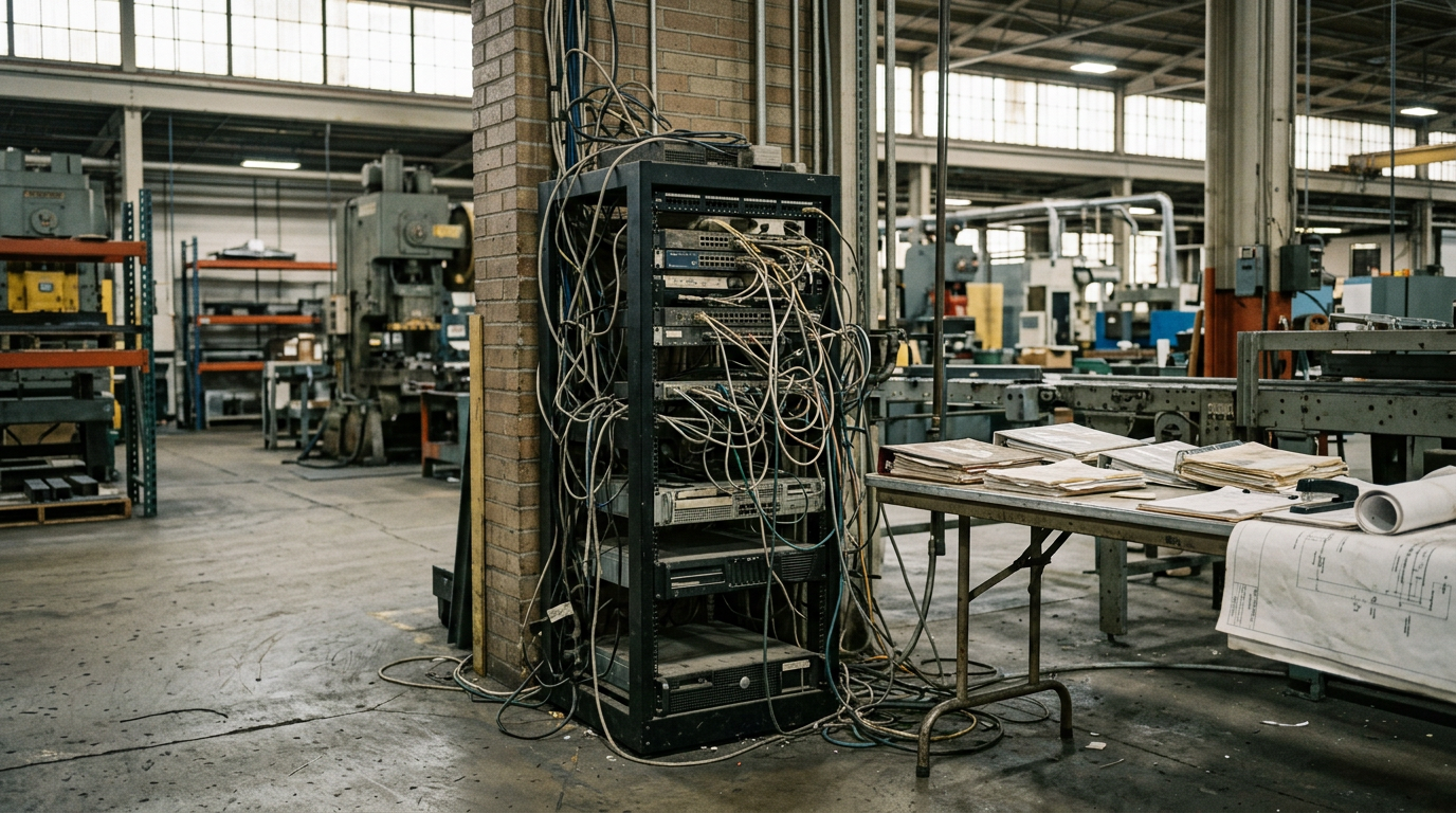 Aging network rack in the corner of a manufacturing plant floor, with cabling added in layers over many years