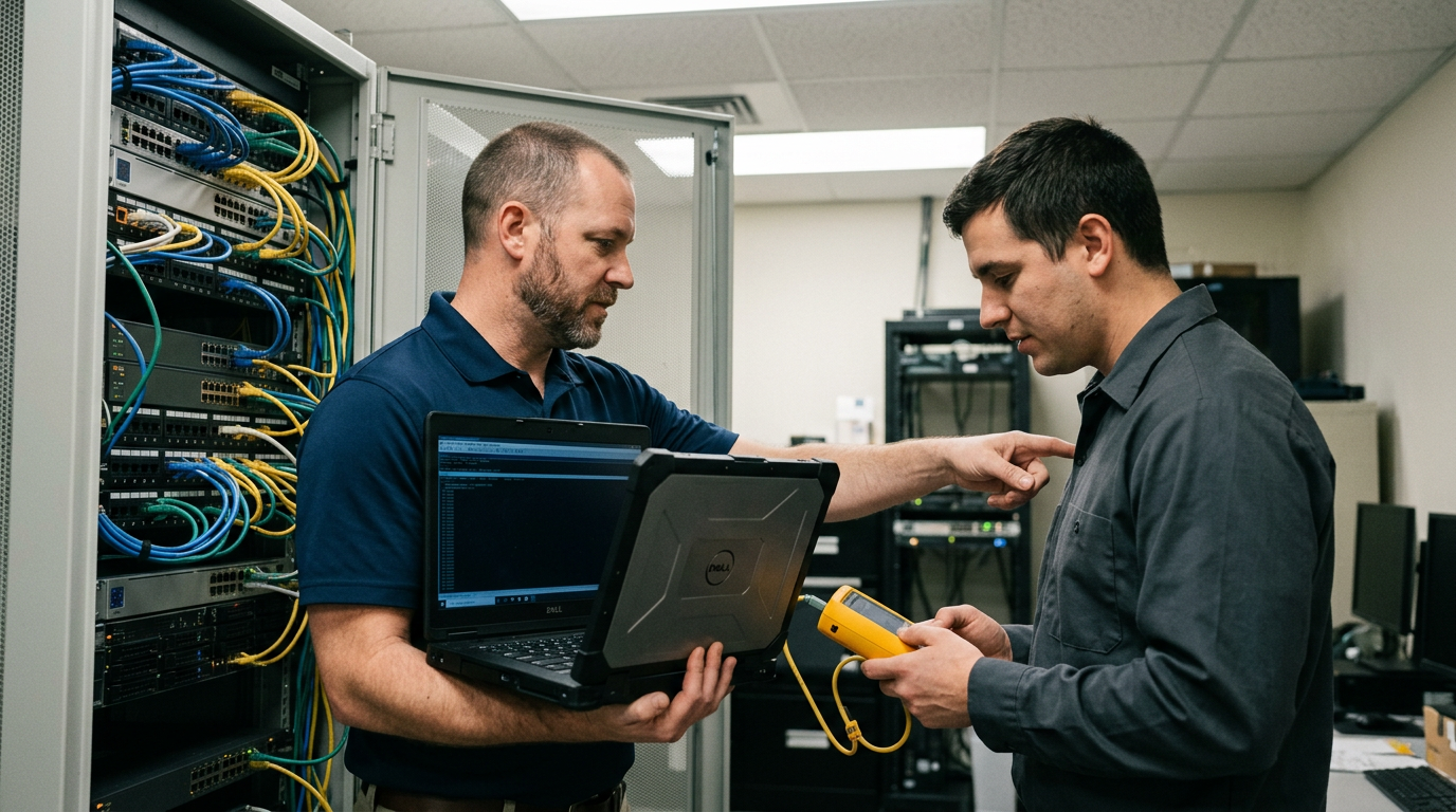 An internal IT staff member and an outside technician working together at an open network rack