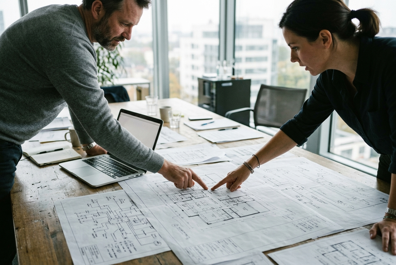 Two people reviewing printed network diagrams and floor plans spread across a conference table