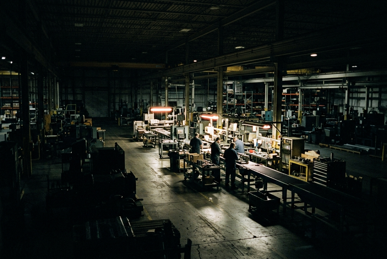 Manufacturing floor at night, mostly dark, with one production line running under work lights