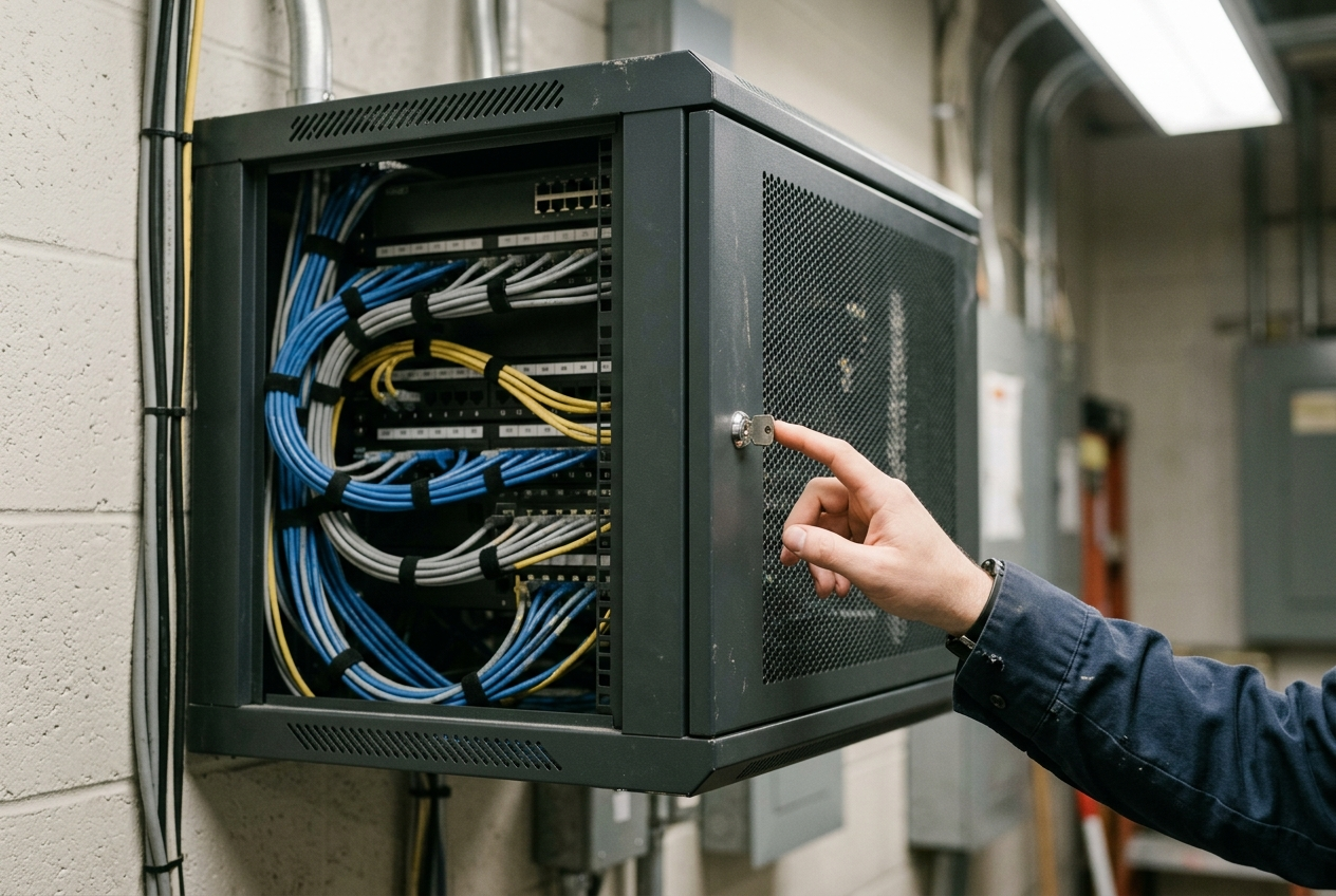 Wall-mounted network cabinet with a perforated steel door secured by a keyed lock