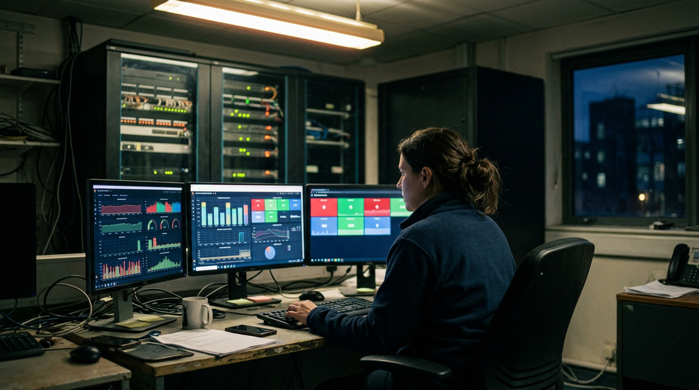 Analyst monitoring network and security dashboards in a small network operations room