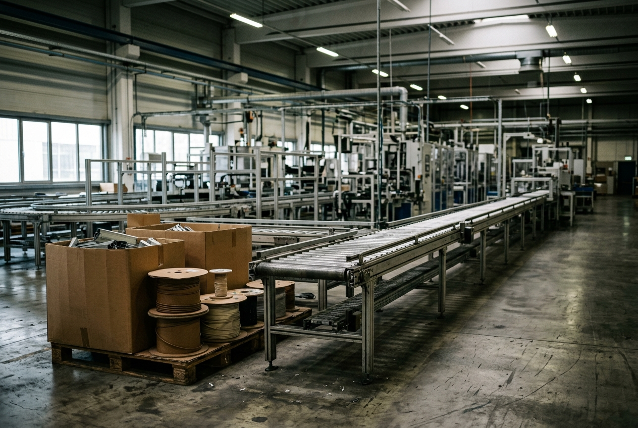 Stopped and empty production line in a factory with the overhead lights on and no workers present